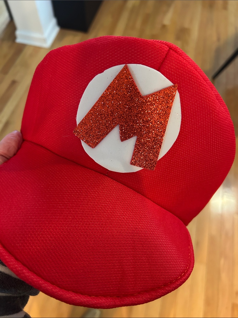 Kids Red Superhero Glitter 'M' Cap Mario Bross- party supplies 5 caps x 30